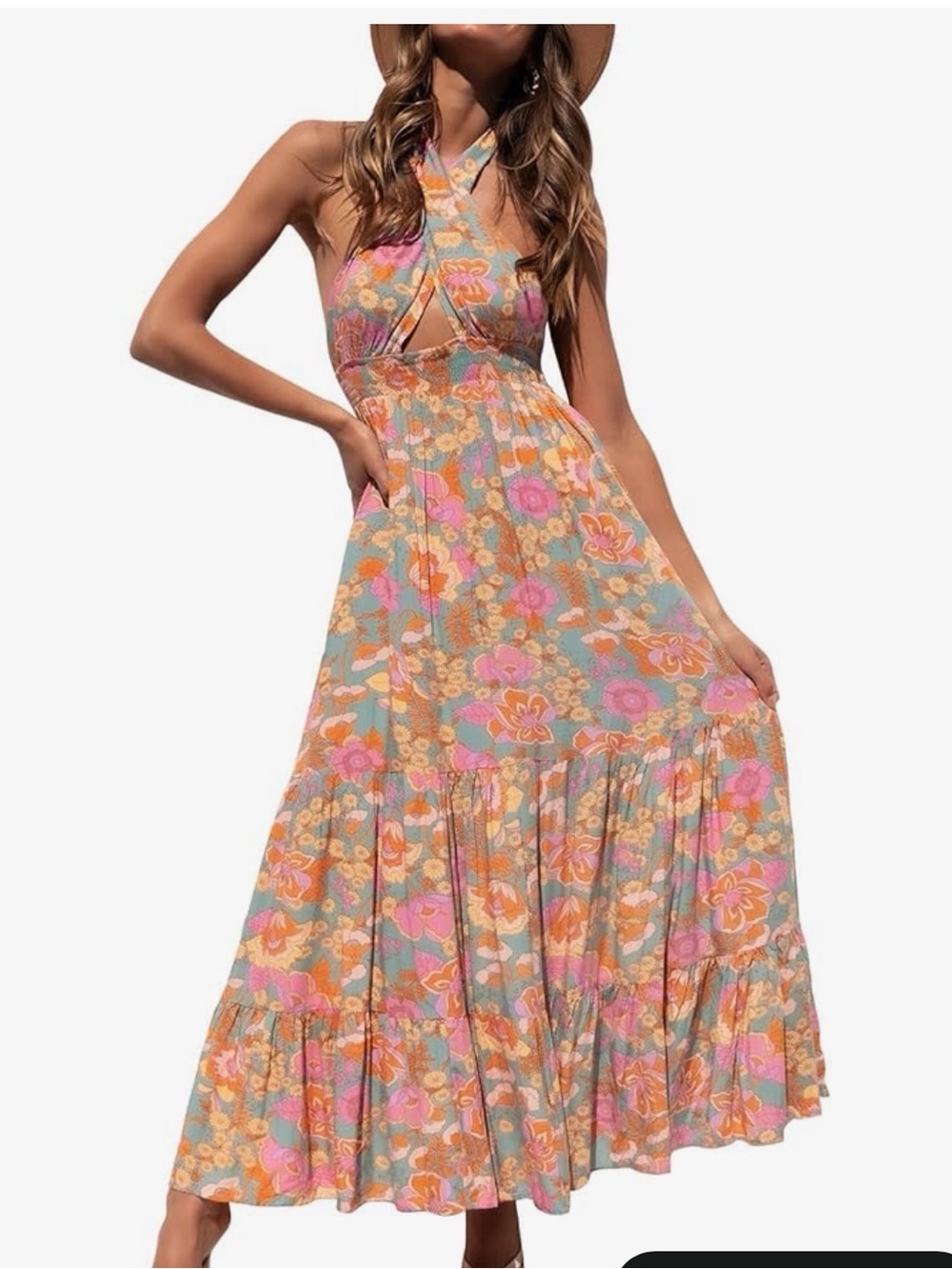 Boho Floral Halter Maxi Dress - Pink & Orange Floral